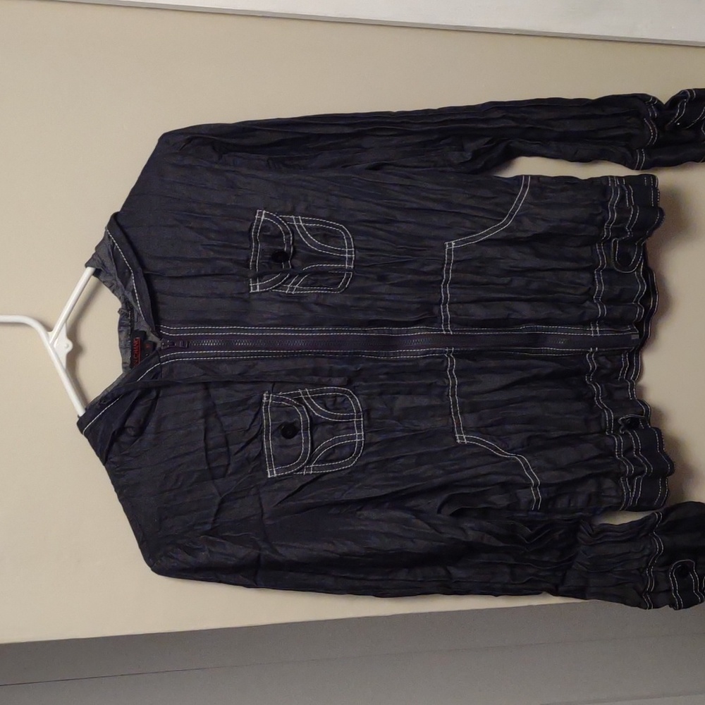 Simon Chang crinkle Chambray zip up Hoodie Size 10‎